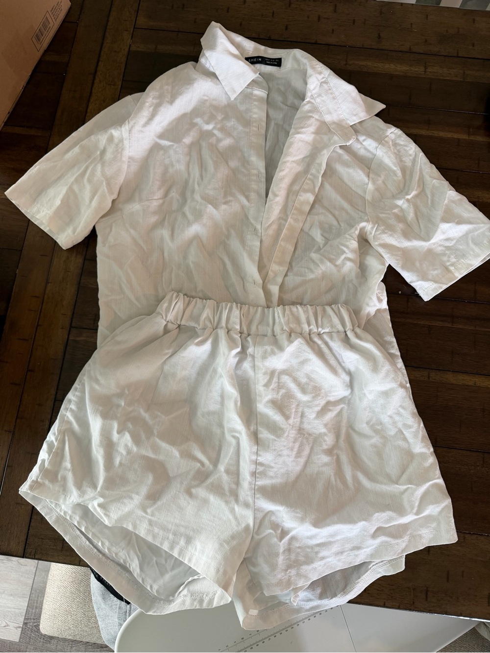 SHEIN White Button Down Linen Shirt & High Waist Shorts Matching Set Size M